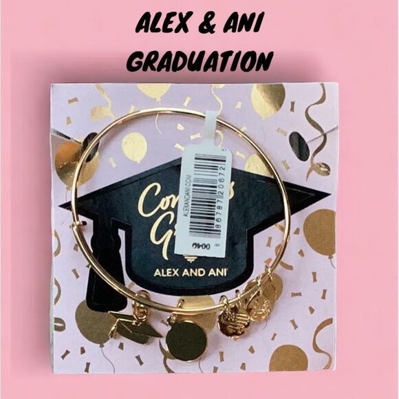 ALEX + ANI NEW GRADUATION CAP DUO CHARM BANGLE BRACELET SHINY GOLD - Picture 1 of 5